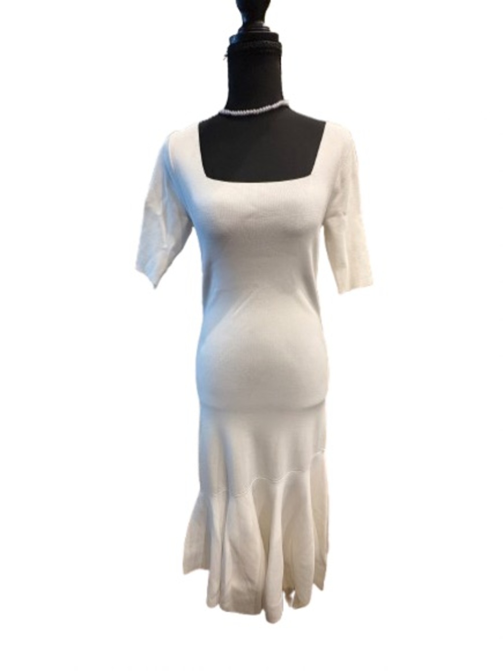 Ted Baker Cream Square-Neck Knit Midi Dress with Flared Hem